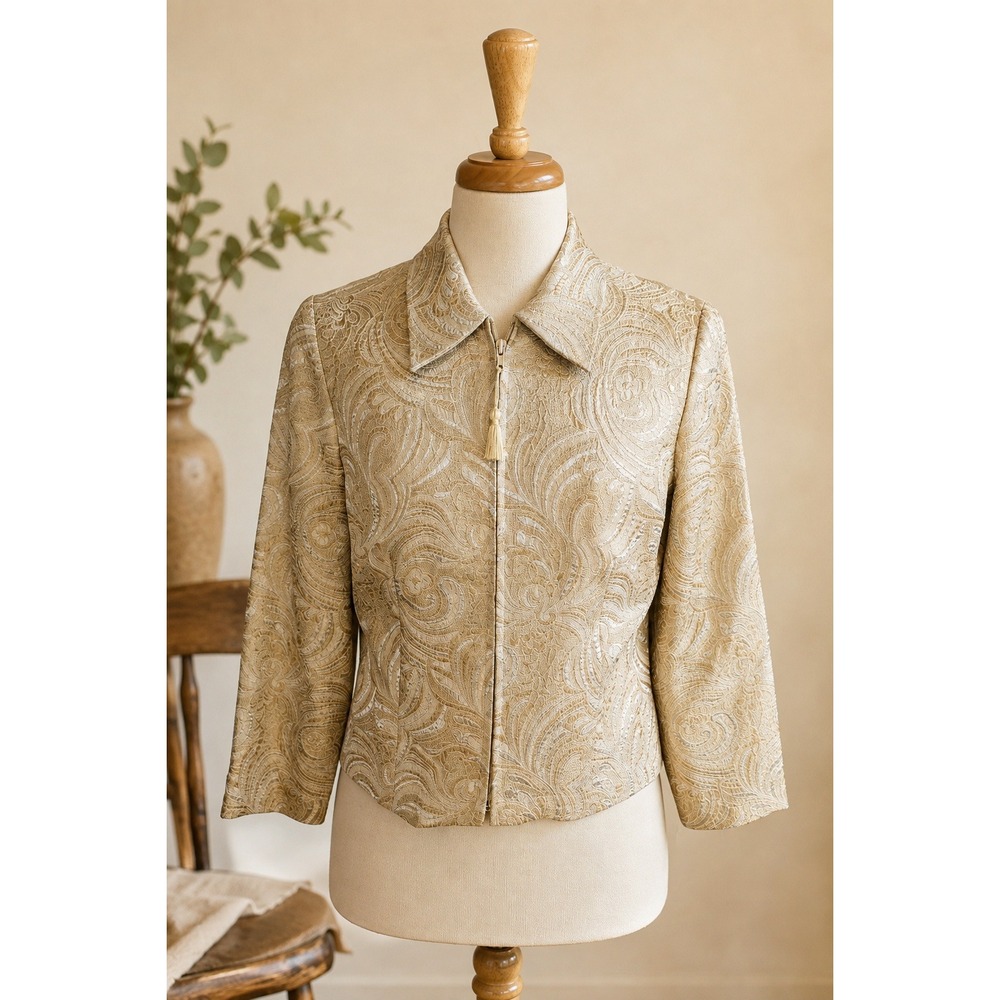Vintage 90s Gold Brocade Jacquard Jacket Paisley Evening Wedding Made Canada M